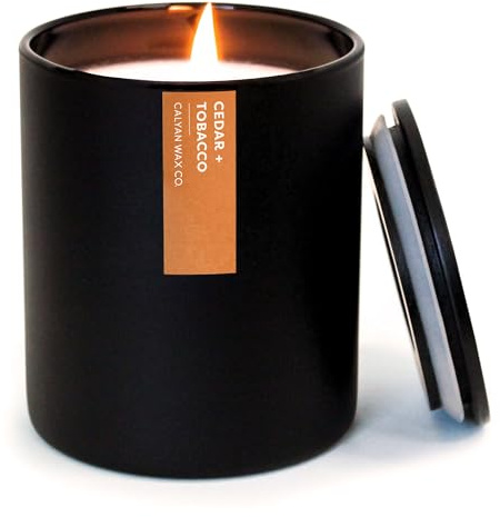 Calyan Wax Co. Cedar & Tobacco Scented Candle - 75 Hour Burn - Luxury Non Toxic Soy Wax Candles - Long Lasting Black Tumbler Jar Candle for Home - 10.2oz