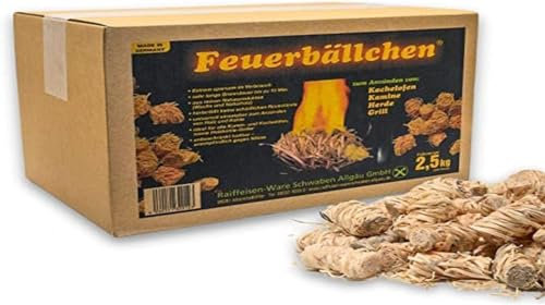 Feuerbällchen - El Original – para encender Estufas de Azulejos, Chimenea, Estufa, Barbacoa, Hoguera – de Productos Naturales Puros – Resistente a la Humedad – Caja de 2,5 kg (Aprox. 200 Unidades)