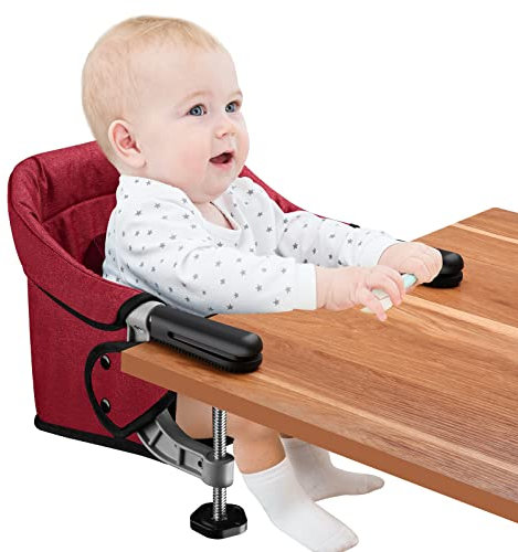 Toogel Klappbarer Tischsitz, Tragbarer Baby Hochstuhl mit Sicherheitsgurt, Kinderstuhl zum Anklippen, Sitzerhöhung Stuhlsitz Babysitz mit Transporttasche für Zuhause und Unterwegs (Rot)