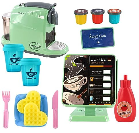 Kids Coffee Maker Machine Toy Kitchen Role Play Set with Cash Register Play Food