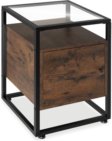 tectake® Mesita de Noche con Estilo Industrial, Mesitas de Noche con Puerta Magnética, Mesita Auxiliar, Muebles Dormitorio, Decoracion Hogar - 43 x 40 x 60,5 cm Madera Industrial Oscura, Rústica
