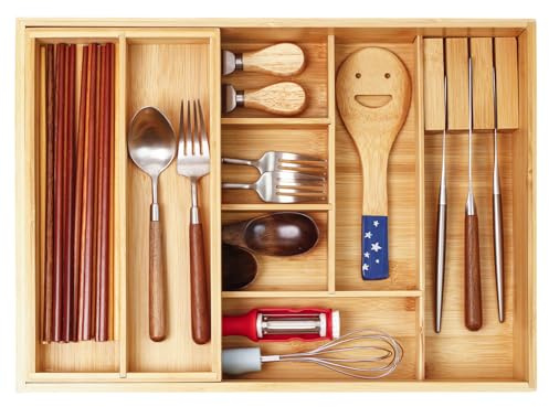 COIWAI Double Layer Bamboo Kitchen Drawer Organizer Cutlery Utensil Silverware Drawer Organizer, Silverware Tray for Drawer Removable Utensil Holder Flatware Organizer Multi-use Storage Box (L)