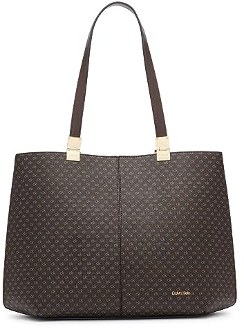 Calvin Klein Women's Granite Geometric Tote Bag – Vegan Leather, Monogram, 3 Pockets, Brown/Khaki/Black, One Size