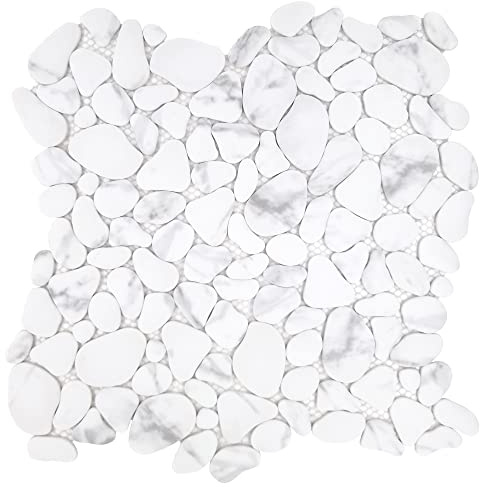 SUNWINGS 10-Sheet Pebble Tile for Shower Floor Border Kitchen Bathroom Backsplash, Carrara White Recycled Glass Marble Stone Looks Wall and Floor Tile, Covers 7.9 Sq. Ft