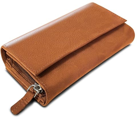 ROYALZ 'Orelia' Cartera de Piel Mujer XXL Bolsillo Grande con Muchos Compartimentos Billetera Bloqueador RFID Monedero Formato apaisado, Color:Sarano Marrón