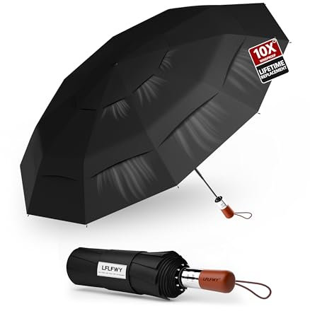 LFLFWY Compact Windproof Travel Umbrella- Large Light Automatic Open&Close Umbrellas for Rain,Triple Canopy Vented Portable Umbrellas for Men Women,Strong Wind Resistant 10 Ribs (DarkBlack)