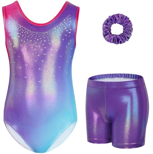 Gogokids - Set da ginnastica a tre pezzi per ragazze, body senza maniche con pantaloncini e fascia, vestito da ginnastica con design a colori scintillanti sfumati, età 3-12 anni, 150(140-150