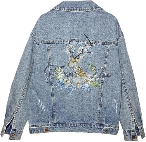 DSAoTeng Veste en Jean à Col avec Boutons et Broderie à Pochettes pour Femme - Style Vintage Ample à Manches Longues - Vêtement d'extérieur Décontracté (L)