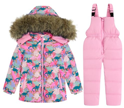 Girls Snowsuit Set Ski Suits, 2-Piece Winter Puffer Down Jacket and Snow Bib Pants Ultralight Outfits Set Rose 8-9 Years