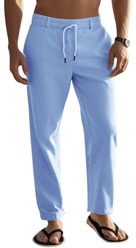 MAHUAOYIXI Pantalon Homme Lin Uni | Pantalon à Cordon avec Poches Élégant Décontracté à Jambe Droite Vacance Plage (Bleu, M)