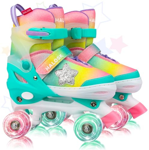 HALOSK Girls Roller Skates for Kids Boys, Adjustable Double Row Quad Skate with Light-Up Wheels, Gradient Star Design for Beginners Ages 3–12