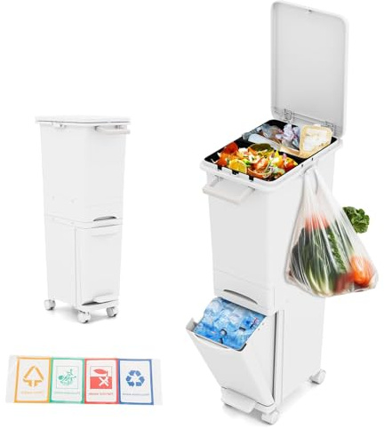 GOPLUS Mülleimer 3 Fächer, 32L Abfalleimer Küche mit Rollen, Mülltrennsystem mit Kippbehälter, Deckel, Schublade & Aufkleber, 3 in 1 Tretmülleimer, Küchenabfalleimer für Küche & Wohnzimmer, Weiß