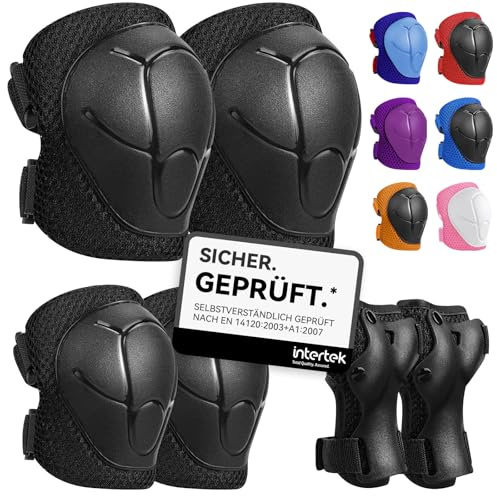 Schonerset 6er Protektoren Schützer Set, Inliner Schutzausrüstung Protektorenset Kinder, 4-14 Jahre Kinder Knieschoner Ellenbogenschoner Handschoner Verstellbar für Skaten Roller Skateboard(Schwarz S)