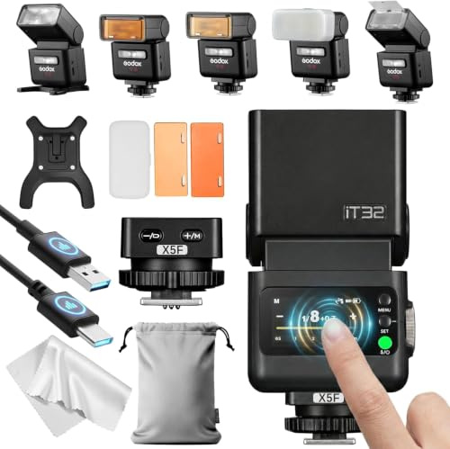 Godox IT32 TTL Camera Flash with X5F Flash Trigger for Fujifilm Cameras, Magnetic Hotshoe & Trigger 2-in-1,Colorful Touch Screen,Rotatable Flash Head,TTL&HSS,LED Modeling Light,Creative Accessories