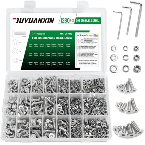 1280 Pcs M4 M5 M6 Screws Set, Countersunk Bolts and Nuts Set, Stainless Steel Countersunk Flat Head Screws Nuts and Bolts with Washers, Flat Hex Socket Head Cap Screwsset