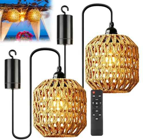PORFOYO 2 stycken hängande lampa på batteri, rotting, bohemisk, upphängning utan strömförsörjning, med fjärrkontroll, dekorativt ljus, inomhus, utomhus, trädgård, terrass
