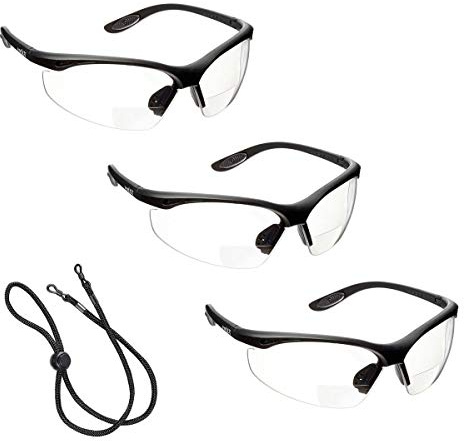 voltX 3 x CONSTRUCTOR' BIFOCAL Reading Safety Glasses (Clear +2.0 Dioptre) UKCA & CE EN166f certified/Cycling Sports Glasses – Wraparound Style – Includes Safety Cord with headstop + UV400 lens