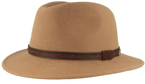 Bred utomhus filt hatt trekking-hatt ullhatt av 100 % ull – hatt vattenavvisande och vikbar – med läderuppsättning – för män och kvinnor, Kamel, 57