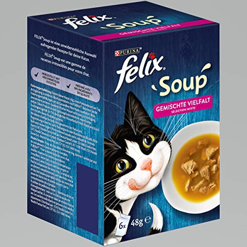 FELIX Soup, Suppe für Katzen mit zarten Stückchen, Sorten-Mix, 8er Pack (8 x 6 Beutel à 48g)