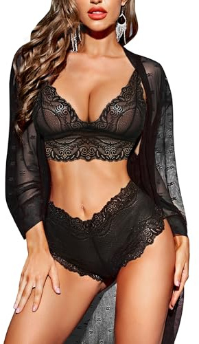 RSLOVE Lenceria Sexy para Mujer Conjunto de Lenceria de Encaje con Albornoz de Malla Conjunto de 3 Piezas Ropa de Dormir Ropa de Dormir Negro M