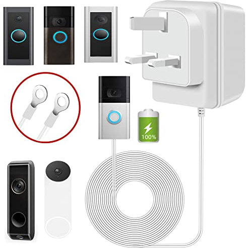 Video Doorbell Transformer 24V500MA,Ring Doorbell Power Adapter,UK Plug,for Ring,Nest,Arlo,Eufy,Wyze,Video Doorbell(5M Extension Cable White)