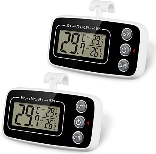 Vicloon Kühlschrank Thermometer, 2 Stück Digitale Gefrierschrank Thermometer Thermometer mit Haken LCD Display Lesen, Max Min Rekord Funktion Perfekt für Lnnen/Außen/Home/Restaurants (Weiß Schwarz)