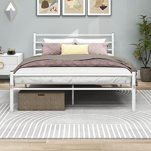 Diahomy Metallbett 120x200 cm Bettgestelle mit Lattenrost, Doppelbett/Bettrahmen mit Kopfteil, Gästebett Jugendbett für Schlafzimmer Gästezimmer Weiß