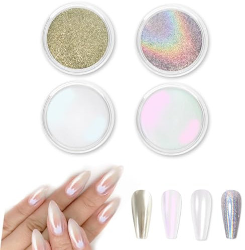 Allstarry Chrome Nail Powder, 4 Farben Pigment Für Nägel Aurora Weiße Perle Silver Gold Chrome Nail Powder Cromepulver Nägel Nails Metallischer Glitzerpuder für Nail Charms Gold Nail Art Nageldesign