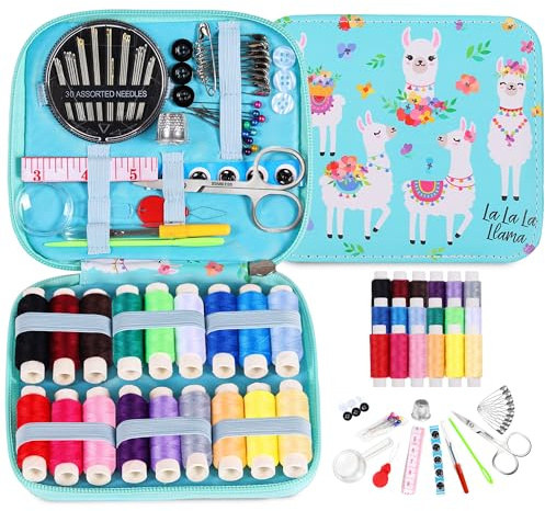 Sewing Kits for Adults UK, AUERVO Portable Sewing Kits Thread and Needles Set with PU Leather Llama Case for Hand, Home, Travel & Emergency Compact Small Basic Sewing Kits