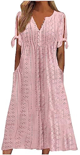 AMhomely Boho Dresses for Women UK Vintage Summer Loose Short Sleeve Beach Swing Dress Ladies Bohemian Floral Print Tunic Dress A Line Daily Bridesmaid Dresses with Pockets Soft Pink, 3XL