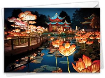 NobleWorks Lunar New Year Greeting Card with 5 x 7 Inch Envelope (1 Card) Lantern Festival - Pond C10982CLNG