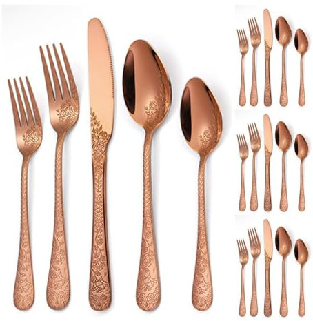 Vintage Carving Cucina Acciaio Inossidabile Argenteria Stoviglie Posate Coltelli Forchette Cucchiai Set Home Coltello Da Bistecca Cucchiaio Da Dessert (Oro rosa,20 pezzi)
