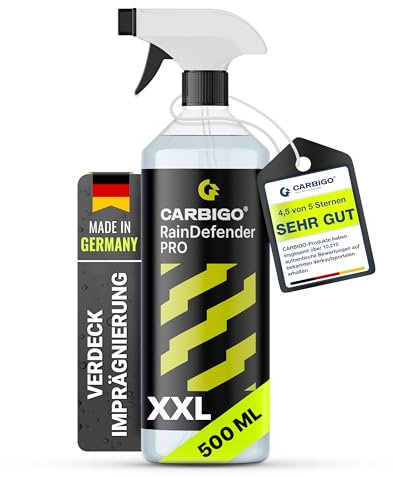 CARBIGO RainDefender Imprägnierspray 500 ml I Cabrioverdeck Imprägnierung + UV-Schutz I Imprägnierspray Textil, Leder, Schuhe I PFC-freie, vielseitig anwendbare Verdeck Imprägnierung, waterproof spray