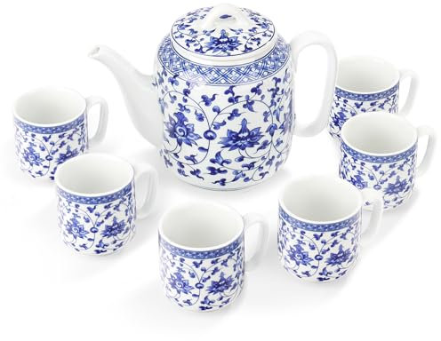 Fanquare Juego de Té Azul y Blanco - Tetera de Porcelana Floral Con Infusor, 6 Tazas - Juego Chino Para Adultos, Regalo