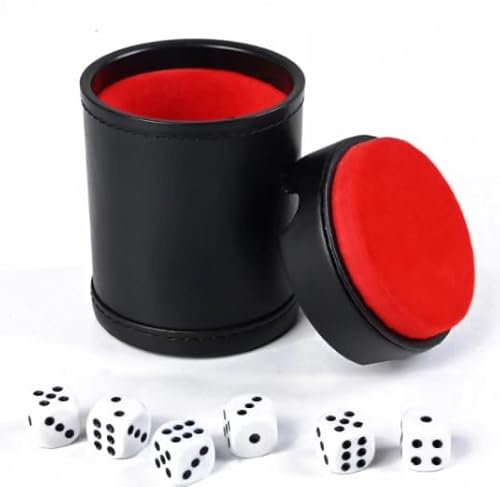 Hloyacc Dice Cup Leather Set with Lid, Felt-Lined PU Leather Quiet Shaker for Yahtzee Farkle Dice Board Games, Set of Six 16mm Dice Included