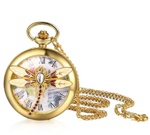 JewelryWe Quartz Dragonfly Pocket Watch: Ladies Gold Embossed Analog Roman Numerals Dial Women Fob Half Hunter Watch with Sweater Chain