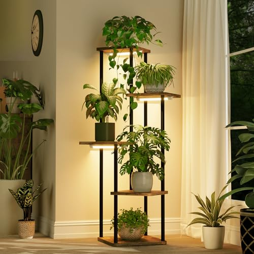 Bamworld Blumenständer mit Pflanzenlampe, 5 Ebenen Pflanzenregal Metall Holz, LED Pflanzenlicht Indoor, Pflanzentreppe für Wohnzimmer Balkon Schlafzimmer Dekoration