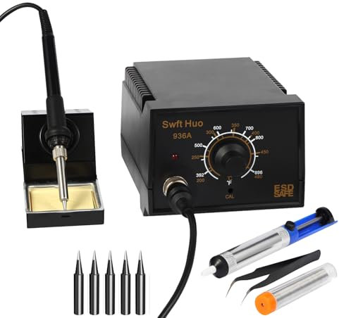 Station de Soudure avec Fer à Souder, 60W 200~480°C Kit de Soudage avec 5 Pannes, a Souder Fil a Souder, Pompe à Dessouder, Pincette (936A EU)