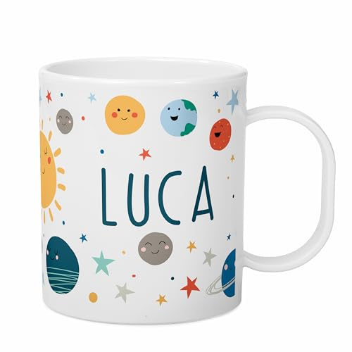 Made in Gift Taza de Plástico Infantil con Asa Dinosaurio Personalizada de 33 Cl de Capacidad con Nombre y Texto en Color (Sistema solar)