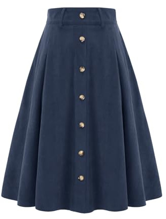 Kjol dam midilång manchesterkjol A-linje kjolar vintage kjol tallrikskjol basic casual hög midja fritidskjol med fickor, marinblå, L