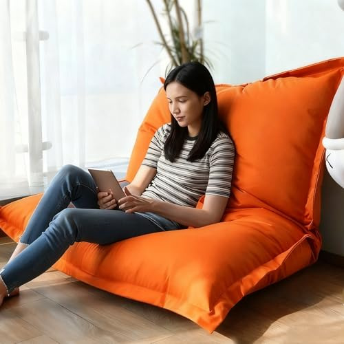 Funda de Saco de Bolas para Exterior e Interior (Sin Relleno) Sofá Puff Perezon - Tapiz Impermeable para Tumbona Tatami Sofá Cama Asiento para Suelo de Salón y Dormitorio(Orange,120x150cm-cover)