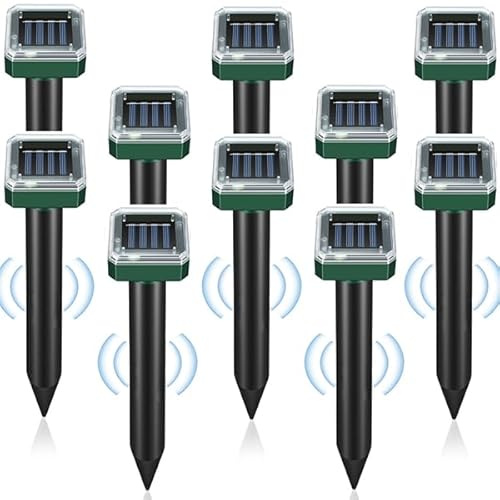 Solar Mole Repellent, 10 Pack Ultrasonic Gopher Repeller Stakes, IP44 Waterproof Sonic Spikes Repellent Snake Vole & Groundhog Deterrent for Outdoor Garden, Yard