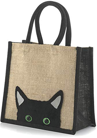 Jute Black Trim Lunch / Gift Bag - Peek a Boo Cat - 24 cm high x 26 cm Wide x 17 cm Depth