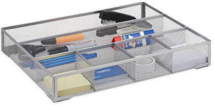 Relaxdays Organizador de Escritorio con 6 Compartimentos, Metal, Plateado, 6 x 38 x 30 cm