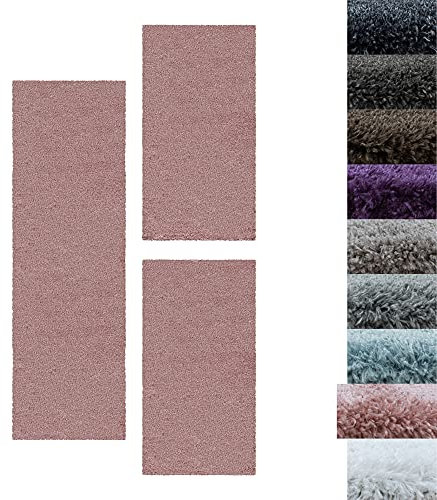 SIMPEX Bettumrandung Schlafzimmer 3teilig Shaggy Hochflor Teppich Rose Bettset: 2 mal 60x110 + 1 mal 80x150 - Schlafzimmer Teppich 3 Teilig Läufer Extra Weich Flauschig Bettvorleger Läuferset Halı