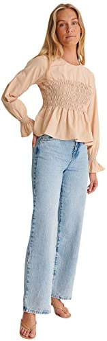 NA-KD Blusa Peplum Fruncida para Mujer, Oscuro Beige, 64