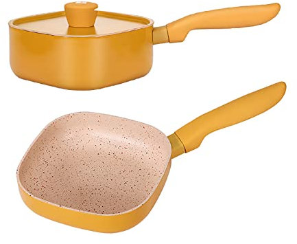 KUCOCOSNEH Nonstick Sauce Pan Milk Pan Soup Pot Small Cooking Pot Saucepan Granite Coating Aluminum Alloy With Lid 1Set Yellow
