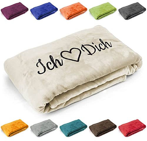 Kuscheldecke 'Ich liebe Dich', Geschenk zu Valentinstag, Geburtstag, Hochzeitstag, hochwertig bestickt, 200cm x 150cm extra weiche und gemütliche Sofadecke/Wohndecke, hochwertiges Fleece (Creme)