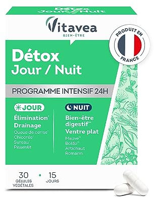 VITAVEA BIEN-ETRE - Complément alimentaire Détox 24h Jour & Nuit - Elimination Digestion Drainage - Sureau, Queue de cerise, Artichaut, Mauve - 30 gélules - Fabriqué en France