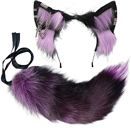VIGVAN Fox and Wolf Ear Cosplay Costume with Fluffy Tail for Halloween (Black Purple)